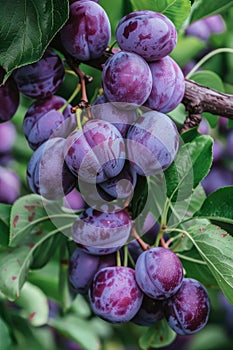 Fresh plums on tree branch with green leaves