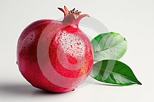 Fresh Pomegranate With Dew Drops and Green Leaves Isolated on White Background A vibrant red pomegranate, with visible water