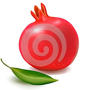 Fresh pomegranate with green leaf.