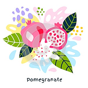 Fresh pomegranate tropical fruits juice splash organic food ripe juicy pomegranates splatter on abstract background
