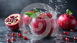 Fresh pomegranate with water splash