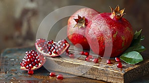 Fresh pomegranates arranged on a wooden cutting board, creating a harmonious display of rustic charm and vibrant colors