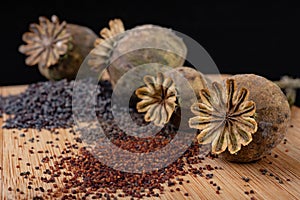 Fresh poppy seeds poured on a wooden kitchen board. Different poppy seeds prepared for kitchen pastries