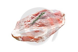 fresh pork cuts. Raw meat with spices. hind leg steak. Isolated on white background. Top view.