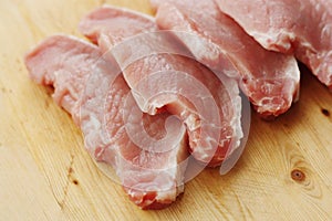 Fresh pork escalope on a wooden table