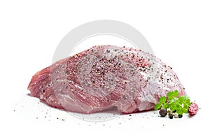 Fresh pork meat with spices isolated on white background