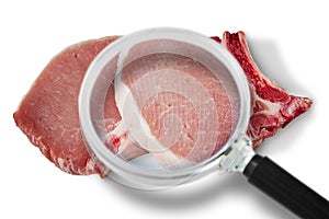 Fresh pork steak HACCP Hazard Analyses and Critical Control Points concept with image seen through a magnifying glass - Food