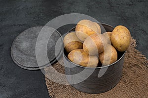 Fresh potatoes in a basket on a dark grey textured background, empty copy space for text