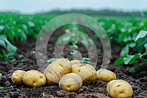 Fresh potatoes on the field. Harvest concept