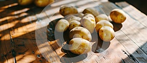 Fresh potatoes scattered on a rustic wooden table in sunlight banner, representing organic farming, local produce, and