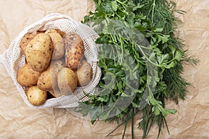 Fresh potatos in potato bag after harvest, dill, parsley, top view