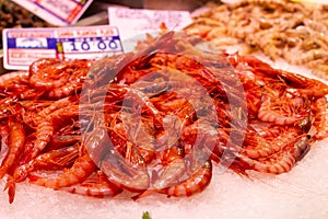 Fresh prawns on ice in seafood market