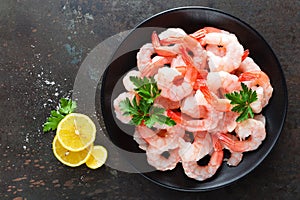 Fresh prawns. Raw shrimps, prawns. Seafood. Top view