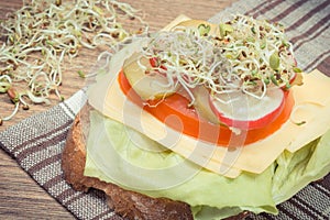 Fresh prepared sandwich with wholemeal bread, cheese, vegetables and radish sprouts. Source vitamins and minerals