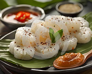 Fresh Prepared Shrimp shaped Sushi on Dark Slate with Condiments Japanese Cuisine, Gourmet Asian Food Concept