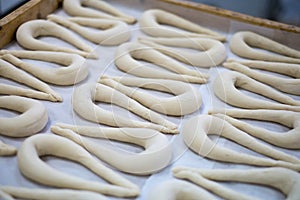 Fresh Pretzel, Brezel or Breze Dough on Tray