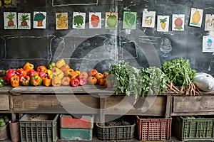 Fresh produce on display with educational drawings on a chalkboard in the background. Vegetables on a table