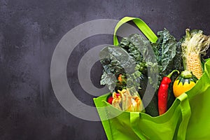 Fresh produce from farmer`s market in  tote bag