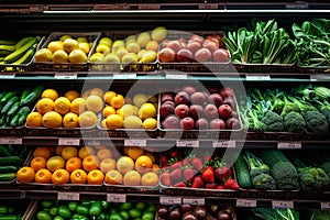 Fresh produce fruits and vegetables attractively displayed on supermarket shelf
