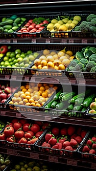 Fresh produce fruits and vegetables attractively displayed on supermarket shelf
