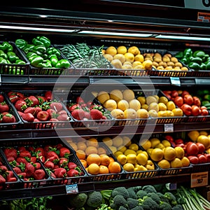 Fresh produce fruits and vegetables attractively displayed on supermarket shelf