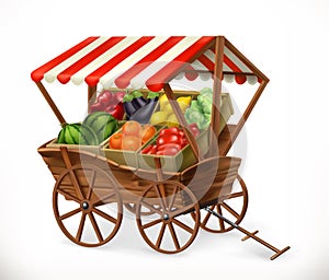 Fresh produce market. Cart with fruits and vegetables, vector icon