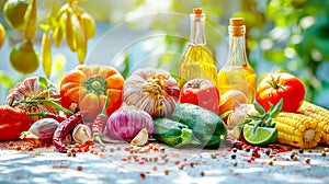 Fresh Produce and Olive Oil Set Against Outdoor Backdrop. Healthy and natural ingredient for Mexican food