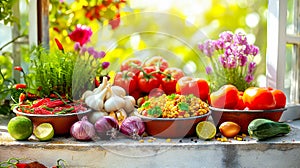 Fresh Produce and Olive Oil Set Against Outdoor Backdrop. Healthy and natural ingredient for Mexican food