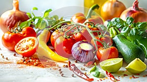 Fresh Produce and Olive Oil Set Against Outdoor Backdrop. Healthy and natural ingredient for Mexican food