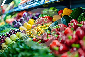 Fresh produce selection in modern grocery store showcases variety and freshness for customers.