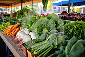 fresh produce on stands at a local farmers market