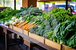 fresh produce on stands at a local farmers market