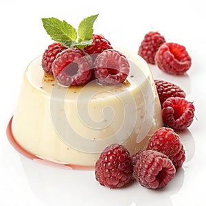 Fresh pudding custard with raspberry isolated on white