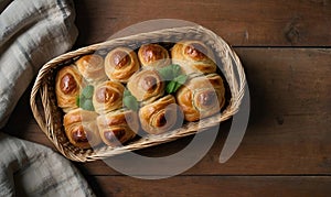 Fresh Puff Pastry Palmeritas in Basket on Wooden Background, Copy Space photo