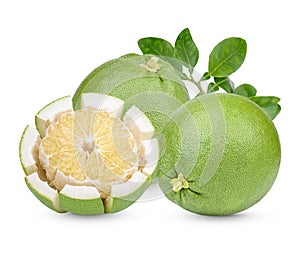 Fresh Pummelo with leaves isolated on white background