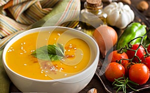 Fresh pumpkin soup with a spoon and vegetables