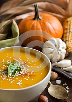 Fresh pumpkin soup and vegetables