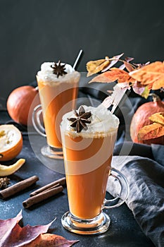 Fresh pumpkin spice smoothie or juice on dark. Autumn, fall or winter hot drink on dark. Cozy healthy beverage. Thanksgiving drink