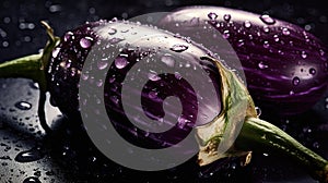 Fresh purple eggplants on a black background with water drops