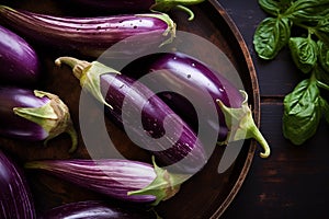 Fresh purple eggplants in plate. Generative AI