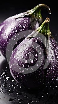Fresh purple eggplants with water drops on a black background