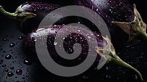 Fresh purple eggplants with water drops on a black background