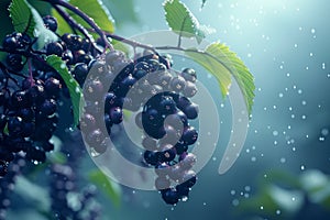 Fresh Purple Grapes on Vine with Water Droplets in Dreamy Blue Misty Background