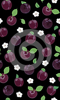 Fresh purple plum seamless pattern with white cherry blossom on black background