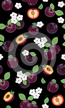 Fresh purple plum seamless pattern with white cherry blossom on black background