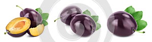 Fresh purple plum and slices with leaves isolated on white background with clipping path and full depth of field. Set or
