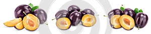 Fresh purple plum and slices with leaves isolated on white background with clipping path and full depth of field. Set or