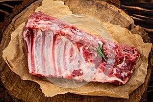 Fresh rack of raw pork spare ribs seasoned with spices on slate tray with leaves at background, Horizontal composition with copy