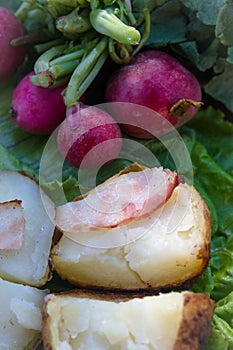 Fresh radish and fried potato with beacon with salad