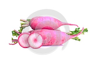 Fresh  radish with slices isolated on white background; set of radishes red color